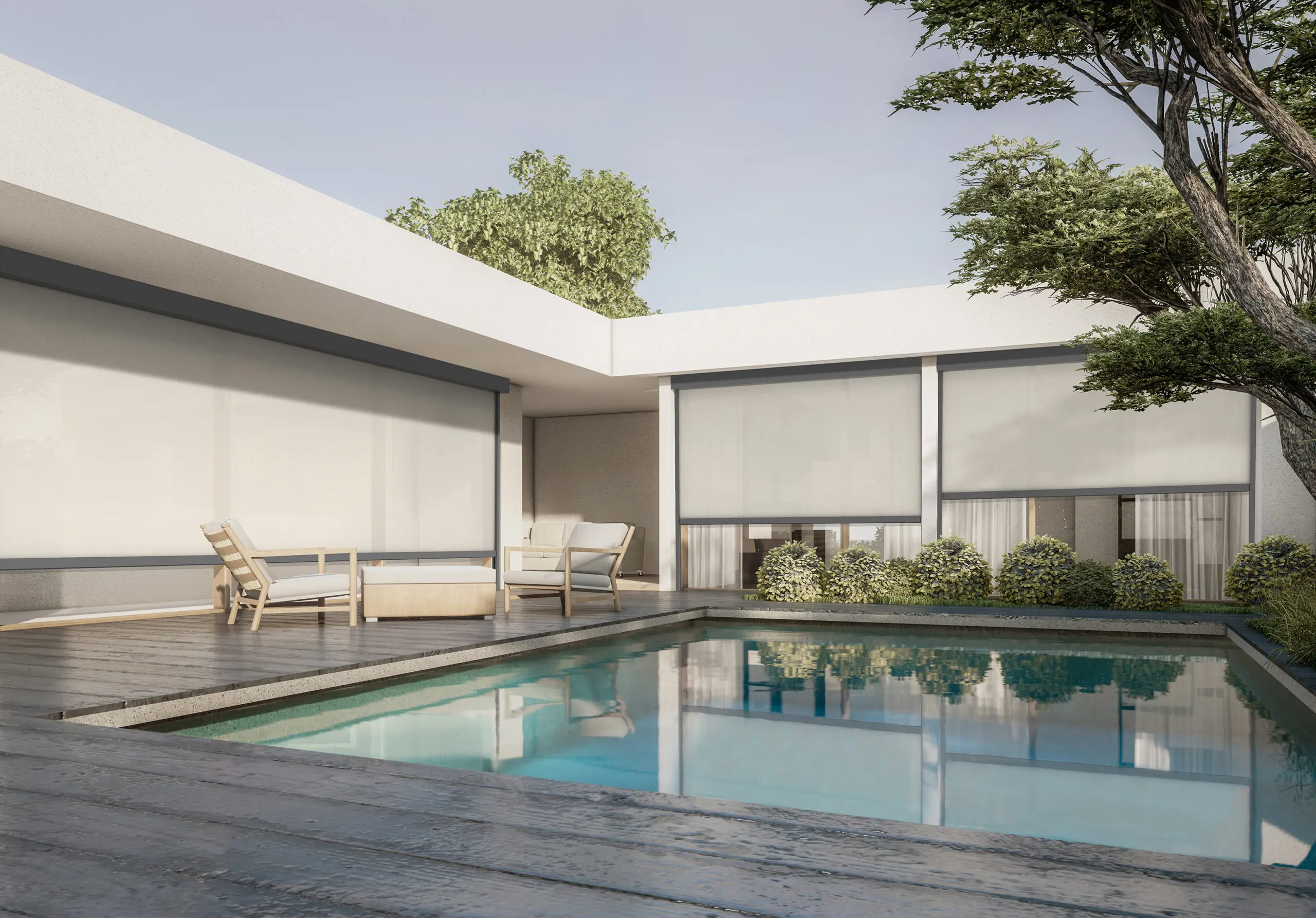Architecture 3d rendering illustration of minimal modern house with natural landscape