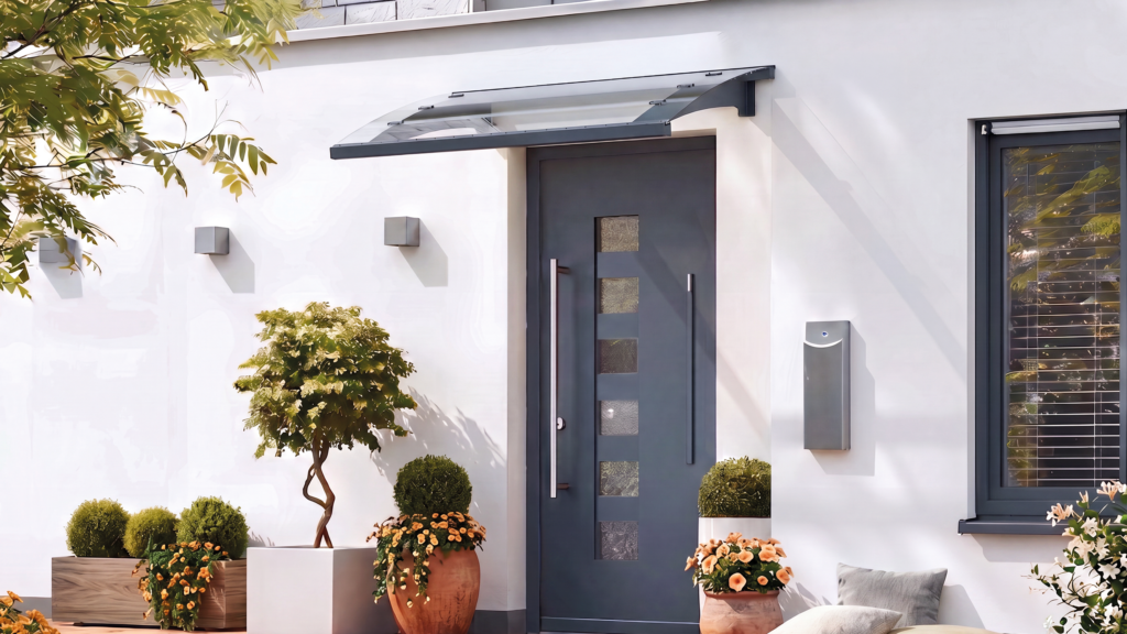 Porte moderne avec plantes décoratives.