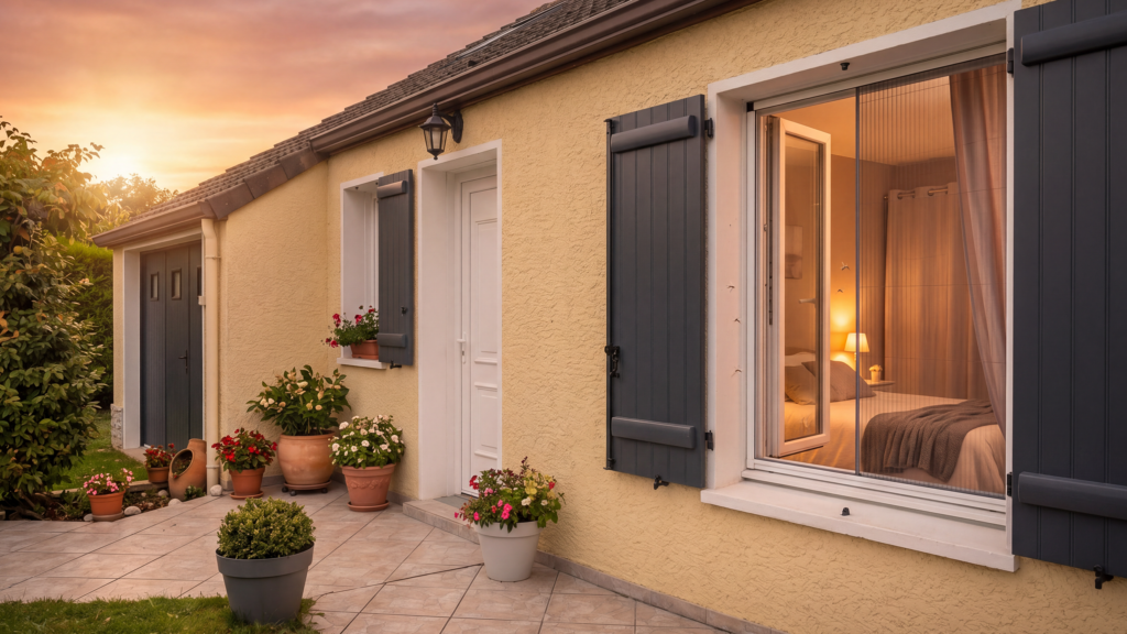 Moustiquaire intégrée aux volets : la solution discrète pour un été serein 6 Maison avec jardin au coucher de soleil